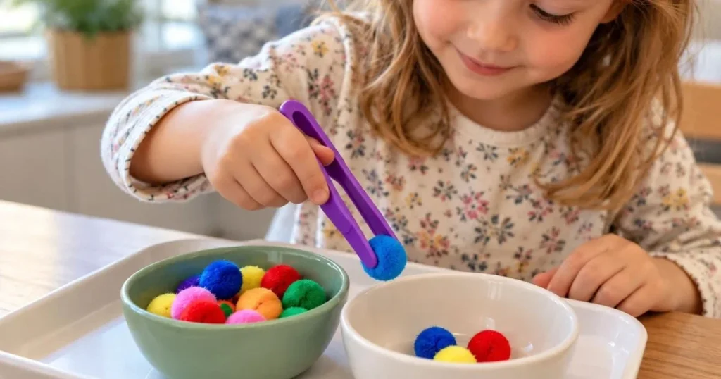 Child doing a pom-pom fine motor activity with tongs and bowls
