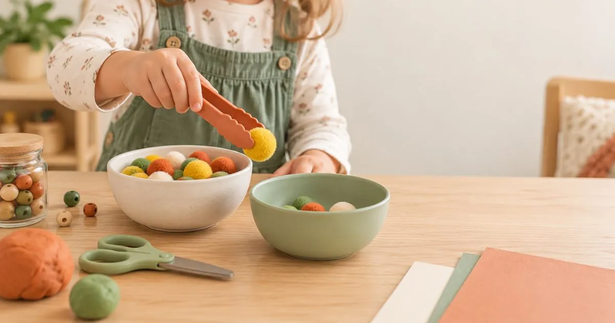 Child using tongs to transfer pom-poms during a fine motor activity at home