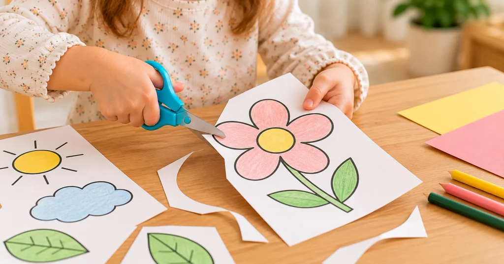 Child cutting around a simple flower drawing with child-safe scissors