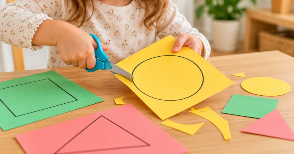 Child cutting around a large paper shape with child-safe scissors