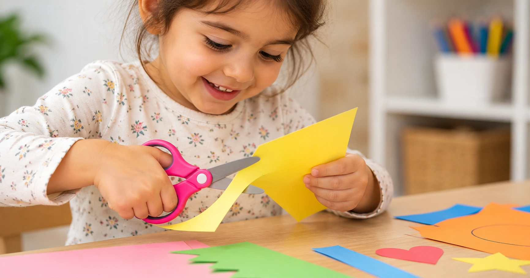 Child practicing cutting activities for kindergarten with safety scissors and colorful paper