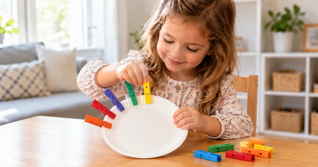 Child doing fine motor activities for kindergarten with colorful clothespins