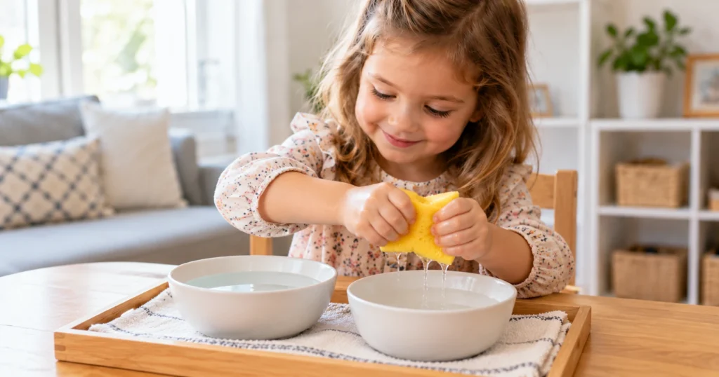 Child squeezing a sponge over a bowl during a fine motor activity at home