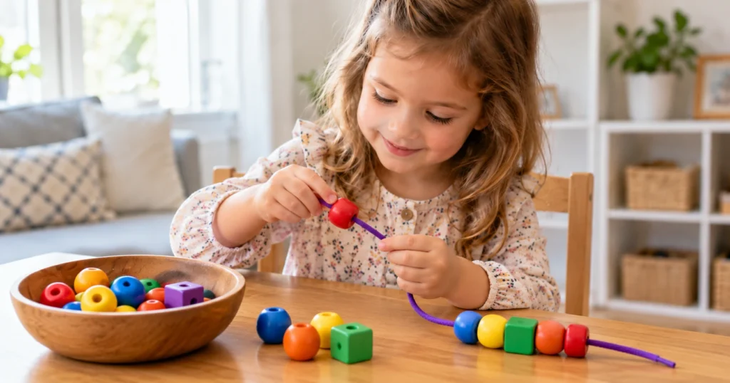 Child threading large colorful beads for fine motor practice at home